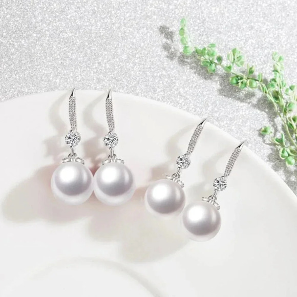 Sterling Silver Diamond 10 MM Pearl Drop Earrings - Picture 3 of 5